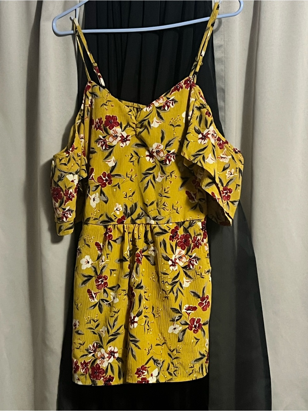 Xhilaration Mustard Yellow Floral Cold-Shoulder Mini romper